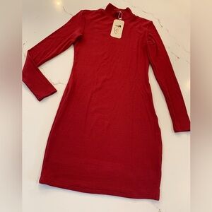 Red Ribbed Knit Dress Women’s Size Small Long Sleeve Stretch Turtleneck NEW